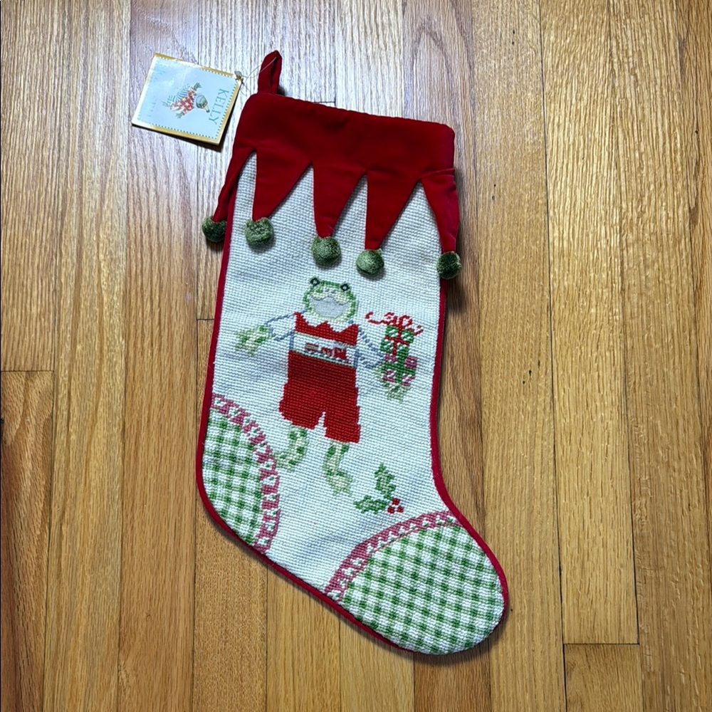 Brand New Needlepoint Christmas Stocking with Boy Frog